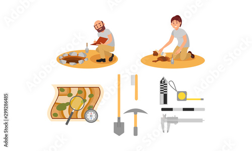 Man and Woman Scientists Working on Excavations, Archaeological Artifacts Vector Illustration