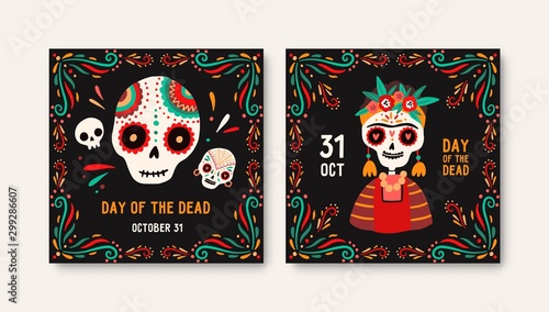 Day of dead greeting cards templates. Catrina symbol, decorated sugar skulls ...