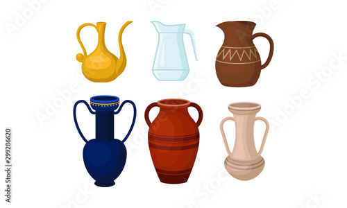 Ancient Greek Amphoric Vases Vector Isolated On White Background Set photo