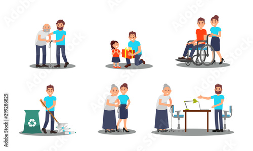 People Characters Working as Volunteers Vector Illustrations Set
