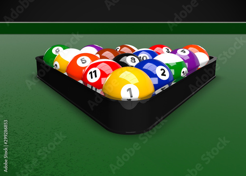 American Pool Billiards Balls Rack Triangle Table Set Up 3D Render