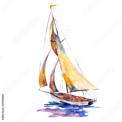 Foto Watercolor illustration, hand drawn sailboat isolated object on white background