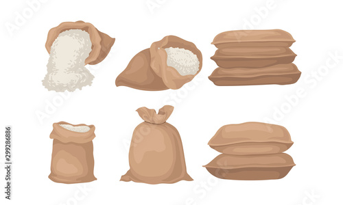 Burlap Sacks With Rice or Flour Vector Set