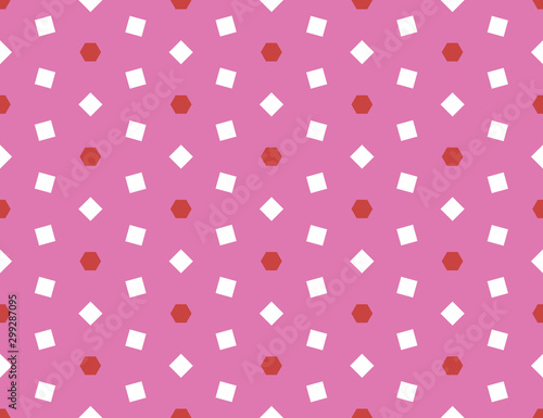 Vector seamless geometric pattern. Shaped red hexagons and white squares, pink background.