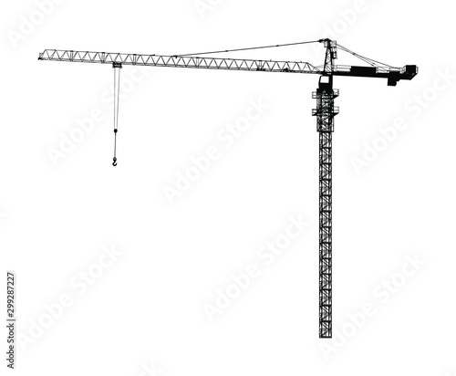 Scale tower crane vector silhouette illustration isolated.  Building machine on construction site. Tower crane for container on cable hook. Telescope elevator. Heavy industry equipment cargo shipping