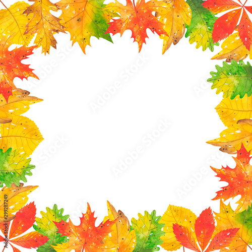 Square watercolor frame of autumn leaves and branches. Forest red-yellow-green natural elements. Autumn frame for invitations, posters and banners. Autumn time.