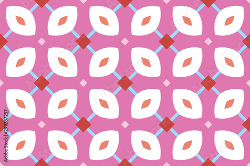 Vector seamless geometric pattern. Shaped squares, lines and rounded diamonds in white, brown, blue, red colors, pink background.