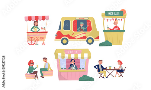 Sellers Man and Woman Characters Standing At the Counter Servicing Customers Vector Illustrations