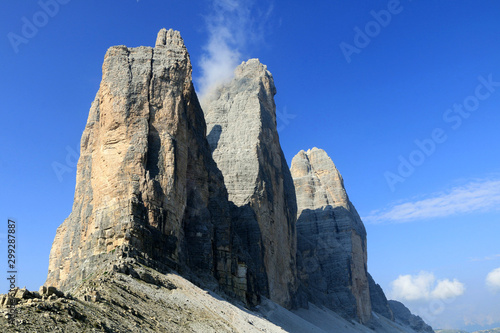 The three peaks of Lavaredo, also called the Drei Zinnen, are three distinctive battlement-like peaks, in the Sexten Dolomites of northeastern Italy. They are probably one of the best-known mountain 