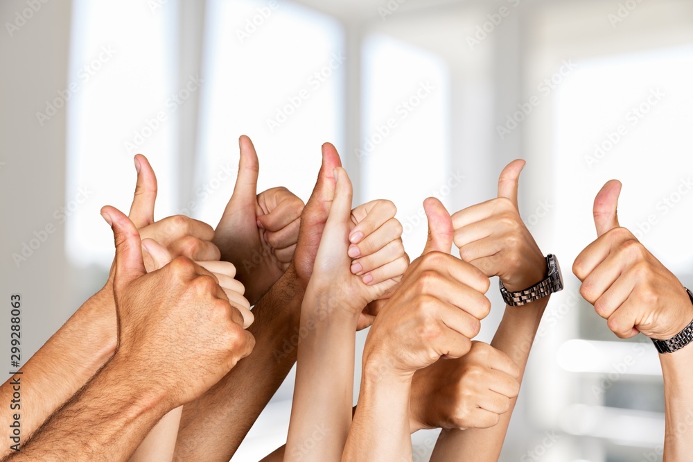 Group of people hands showing thumbs up signs on background - obrazy, fototapety, plakaty 