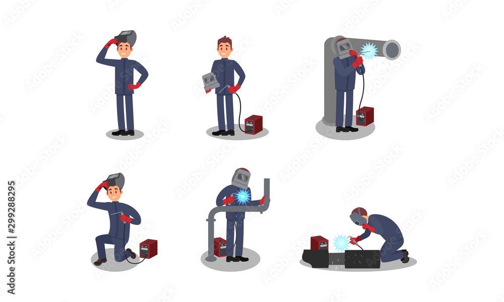 Welder Character Working With Welding Equipment Vector Illustrations Welder Character Working With Welding Equipment Vector Illustrations