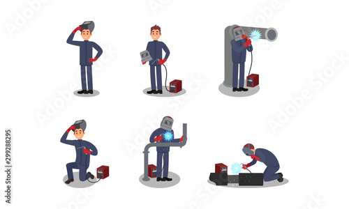 Welder Character Working With Welding Equipment Vector Illustrations