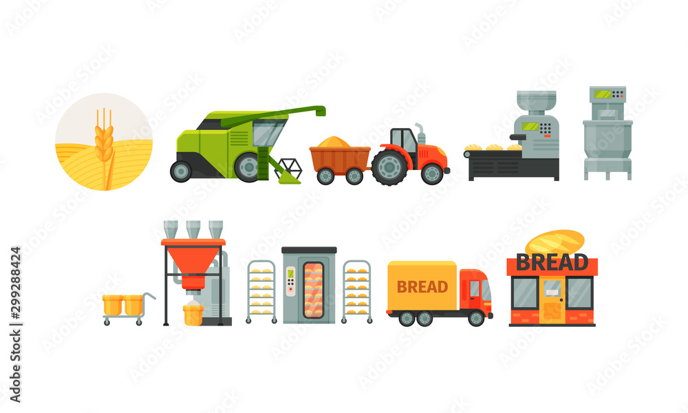 Stages of Bread Manufacturing Vector Illustrated Set