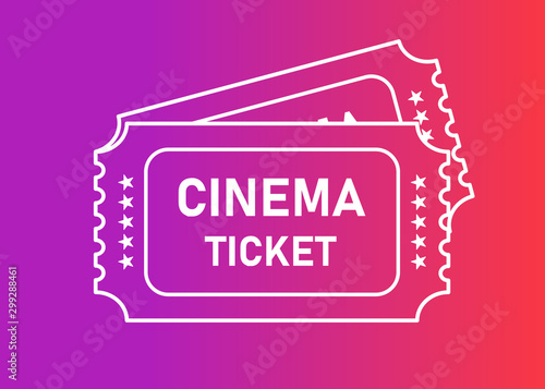 Vector two line white designed cinema tickets close up top view isolated on gradient background. Vector illustration.