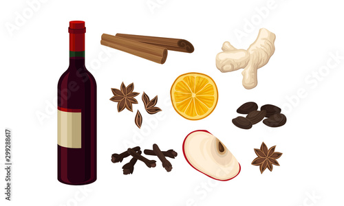 Mulled Wine Ingredients Vector Set Isolated On White Background