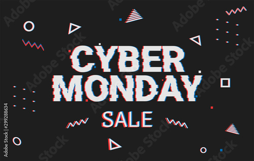 Template design geometric web banner for cyber monday offer. Promotion design in glitch style with geometric particle for cyber sale. Memphis glitch. 8-bit pixel art style.