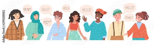 Hello in different languages. Diverse cultures, international communication concept. Native speakers, friendly men and women cartoon characters. Vector illustration