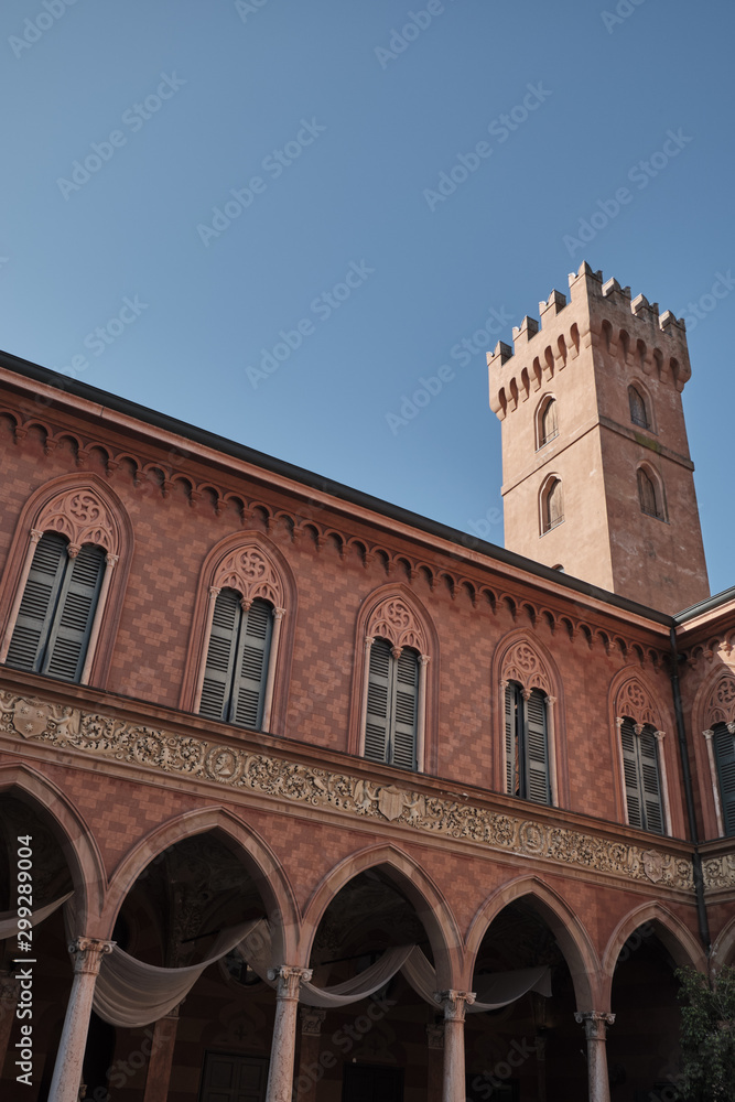 historic courtyard and tower of Trecchi palace Cremona (Lombardy, Italy