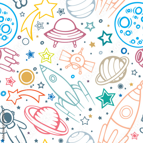 Space seamless pattern for Kids. Hand drawn space, spaceships, rocket, ufos, comets and planets with stars. Trendy kids vector background. Hand drawn space elements seamless pattern. Space doodle back