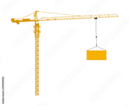 Scale tower crane vector isolated on white. Building machine on construction site. Tower construction crane with container on cable hook. Telescope elevator. Heavy industry equipment cargo shipping