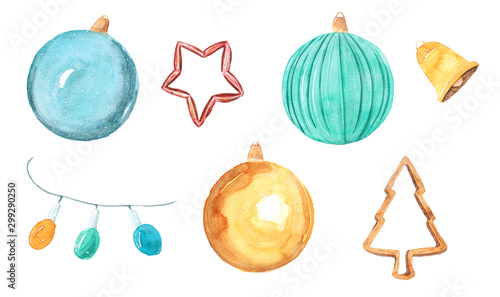 Watercolor hand drawn illustration of New Year and Christmas decorations set Christmas tree balls, bell, garland isolated on white