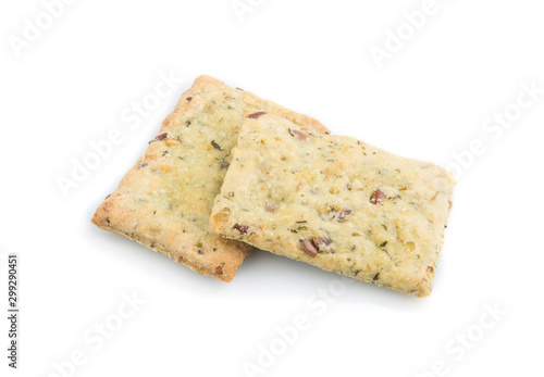 Small bread chips cookies with seeds isolated on white background. side view