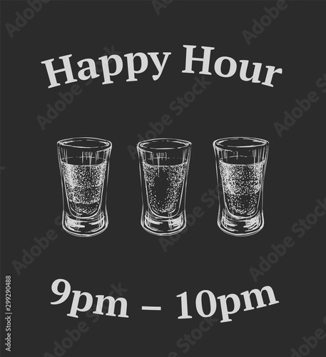 Three kinds of alcoholic drinks in shot glasses. Hand Drawn Vector Illustration.