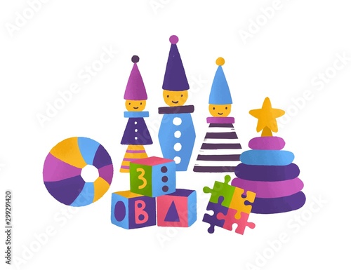 Children toys flat vector illustration. Bright building blocks, jigsaw puzzle, ball, pyramid, clowns isolated on white background. Educational games and playthings for little kids development.