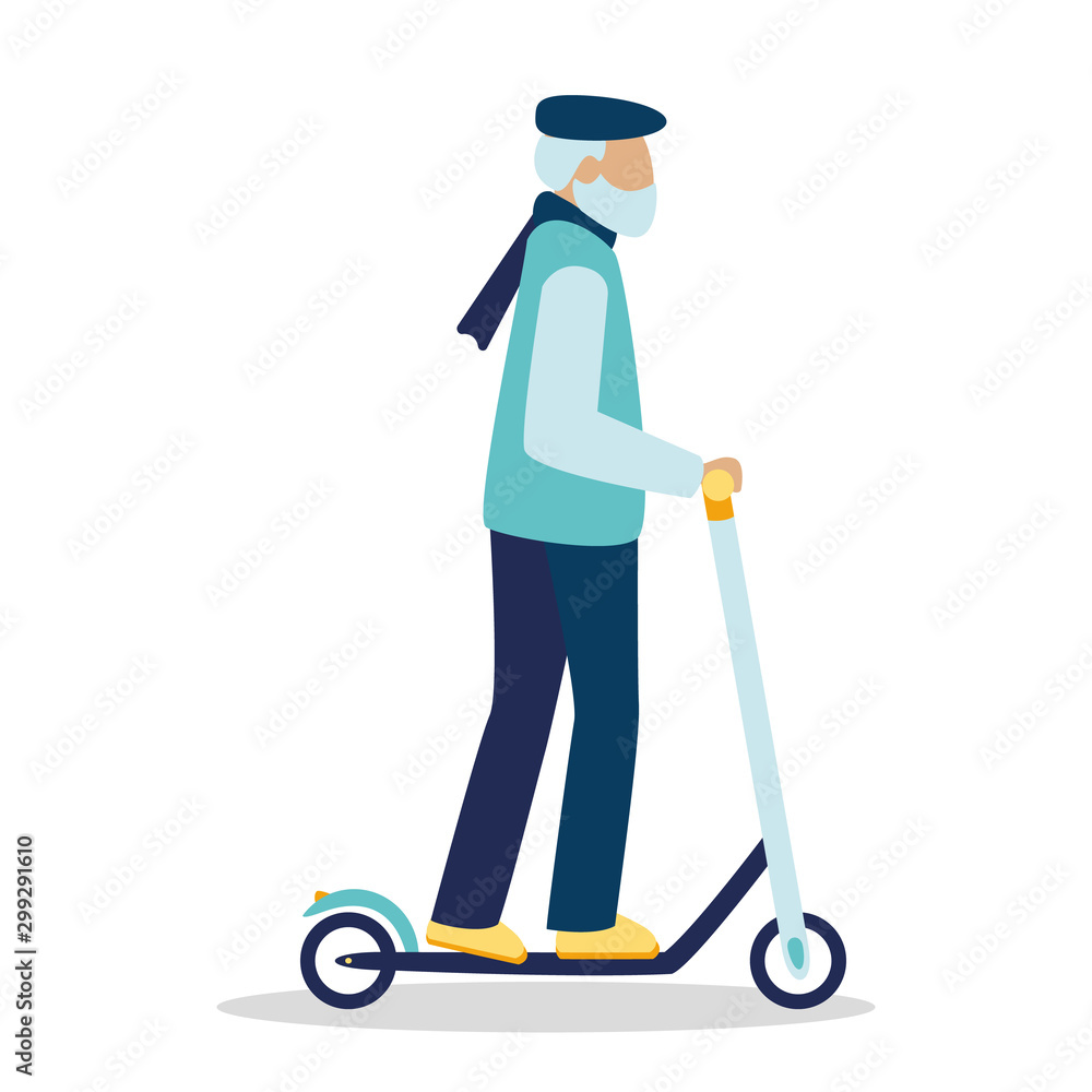 Senior man wearing scarf riding a kick or electric scooter..Old person with hat having fun, pensioner leading active lifestyle, gray-headed character outdoor.Vector illustration, isolated Senior man wearing scarf riding a kick or electric scooter..Old person with hat having fun, pensioner leading active lifestyle, gray-headed character outdoor.Vector illustration, isolated