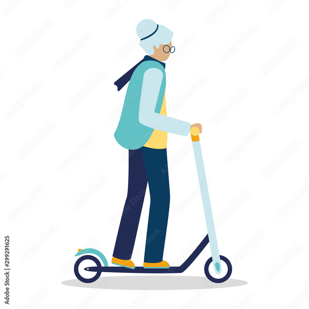 Cheerful old woman with gray hair and a healthy athletic body riding an electric scooter isolated on a white background. Senior lady rented city eco transport. Vector illustration. Cheerful old woman with gray hair and a healthy athletic body riding an electric scooter isolated on a white background. Senior lady rented city eco transport. Vector illustration.
