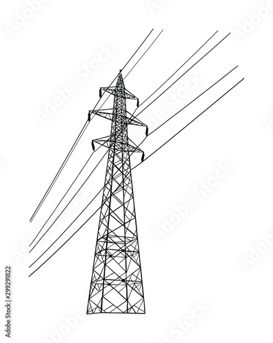 High voltage power line electric transmission tower vector silhouette isolated on white. Electricity consumption, production and distribution. Electric tower post pylon with cables.
