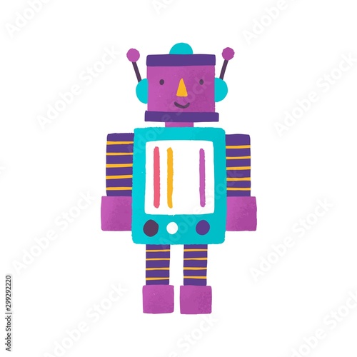 Toy robot flat vector illustration. Childish plaything. Smiling robot cartoon character. Transformer, toy for boys. Colorful kid android. Cute cyborg for children isolated on white background.