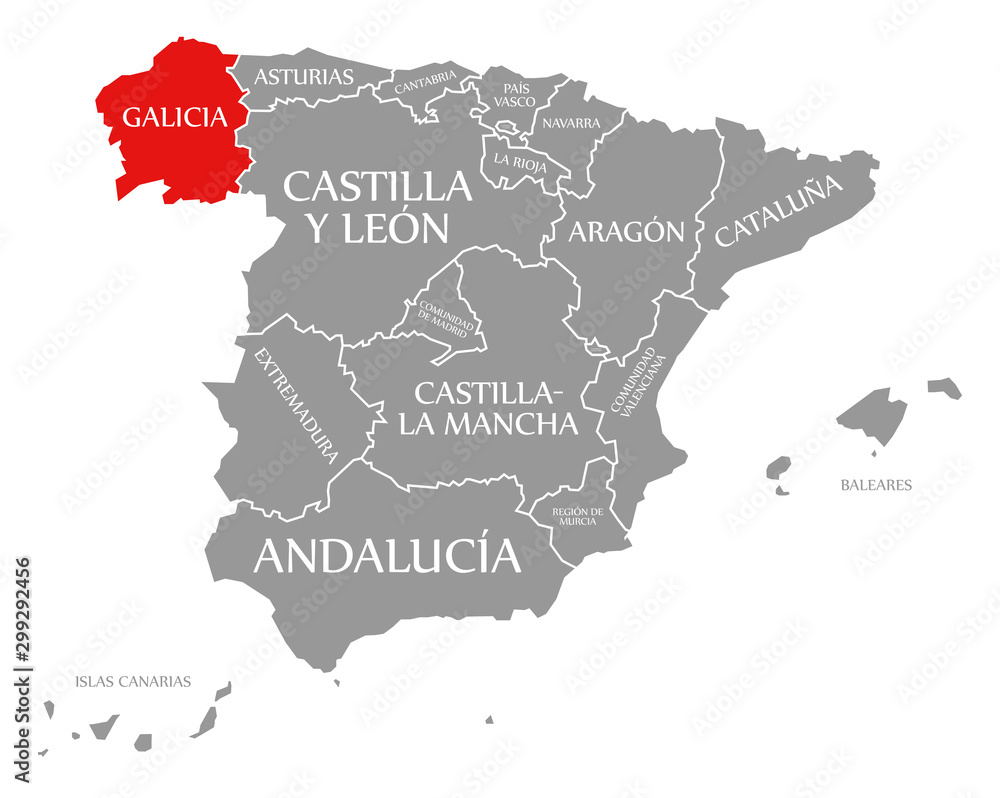 Galicia red highlighted in map of Spain