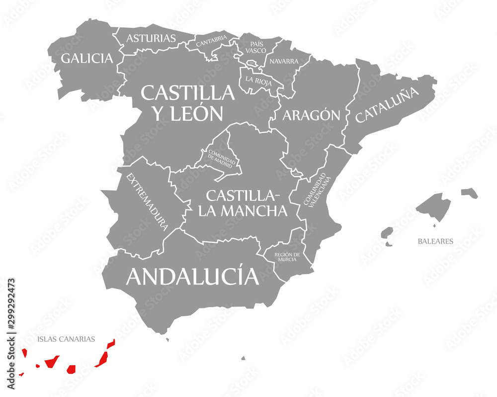 Islas Canarias red highlighted in map of Spain