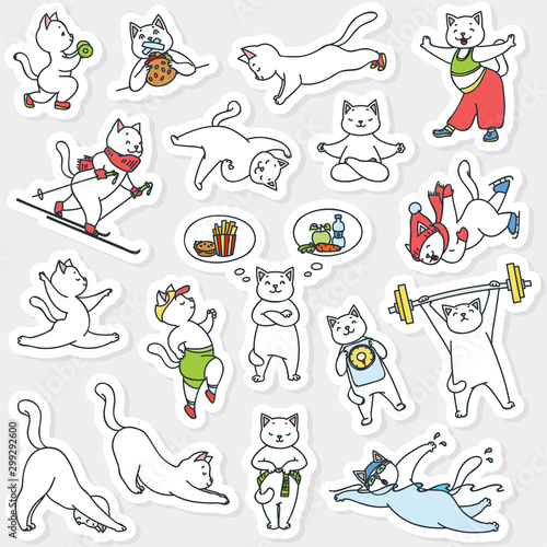 Set of healthy lifestyle stickers. Funny illustration of cute white cats doing physical activity. Vector 8 EPS.
