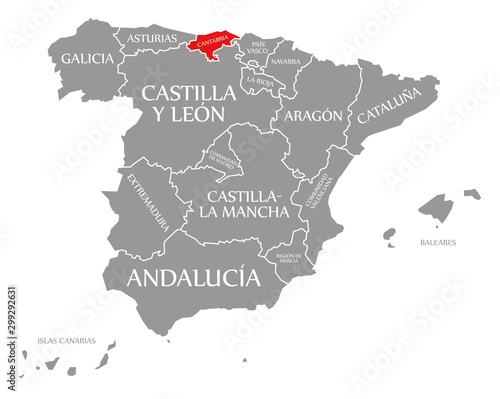 Cantabria red highlighted in map of Spain