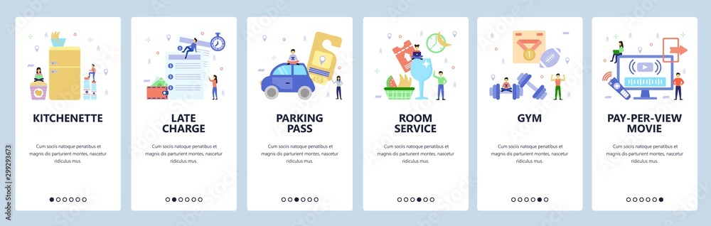 Mobile app onboarding screens. Hotel kitchen, room service, gym, video on demand. Menu vector banner template for website and mobile development. Web site design flat illustration Mobile app onboarding screens. Hotel kitchen, room service, gym, video on demand. Menu vector banner template for website and mobile development. Web site design flat illustration