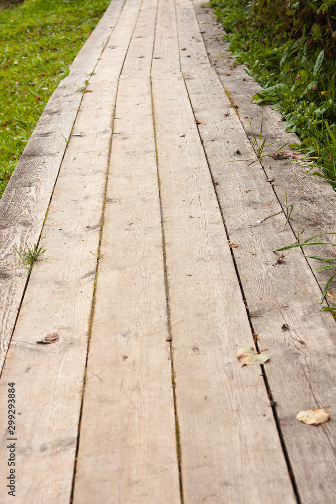 path made of natural wooden boards stretching into the distance, vertical perspective, selective focus