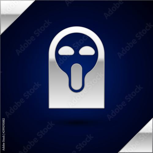 Silver Funny and scary ghost mask for Halloween icon isolated on dark blue background. Happy Halloween party. Vector Illustration