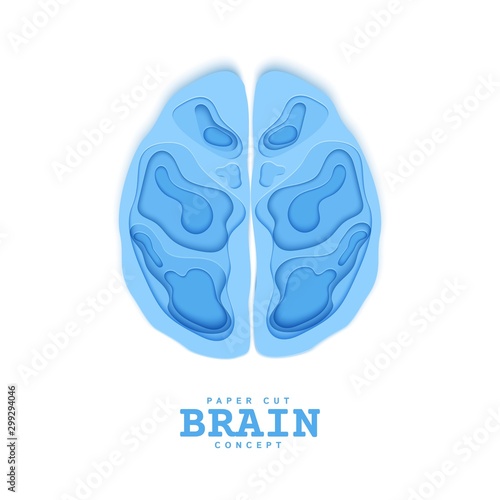 Section of the human brain in papercut style. Blue cardboard cutting layers symbol of right and left hemisphere. Creative vector brainstorm concept for business flyers, teamwork posters.