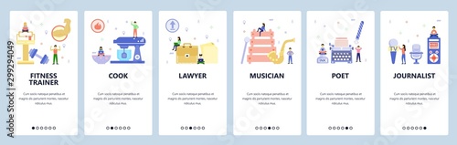 Mobile app onboarding screens. Professions, lawyer, musician, writer, journalist, fitness trainer. Menu vector banner template for website and mobile development. Web site design flat illustration