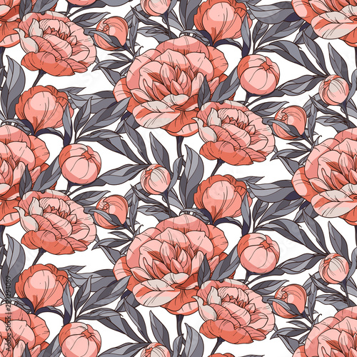 seamless floral vector pattern with peonies. Orange flowers and buds with grey leaves on a white background. © babanova