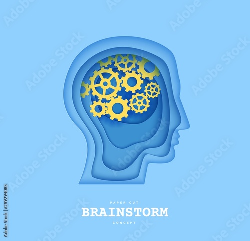Man brainstorm head in paper cut style. Silhouette of layered human with think gears in brain. Origami skull papercut profile with idea sign on the depth of layers cardboard. Creative vector concept