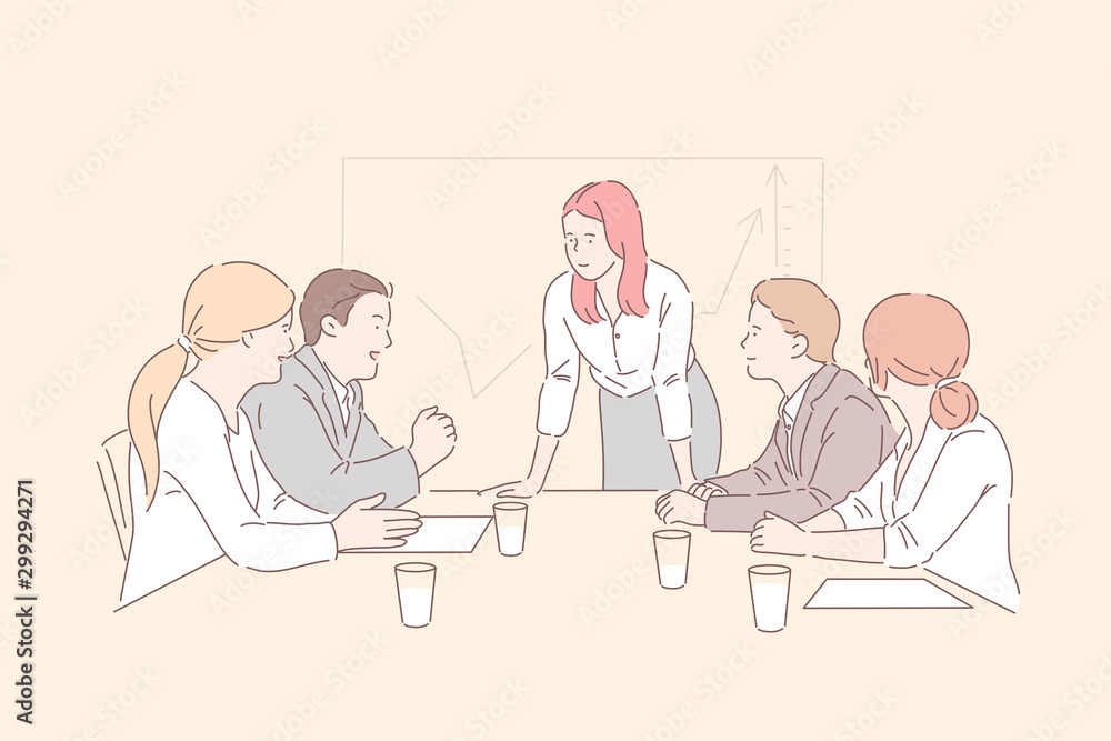 Conference room meeting concept. Lady boss communicating with top managers, analyzing market trends, growth statistics, business partners discussing company development strategy. Simple flat vector Conference room meeting concept. Lady boss communicating with top managers, analyzing market trends, growth statistics, business partners discussing company development strategy. Simple flat vector