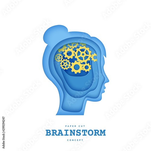 Woman brainstorm head in paper cut style. Silhouette of layered human with think gears in brain. Origami skull papercut profile with idea sign on the depth of layers cardboard, Creative vector concept