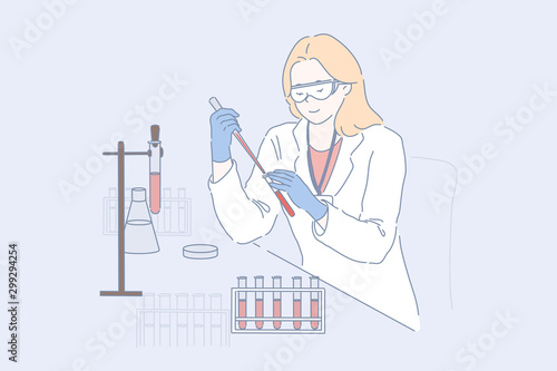 Lab worker at work concept. Female researcher, doctor in protective glasses and white coat making blood test, young chemist, pharmacologist studies samples in scientific experiment. Simple flat vector
