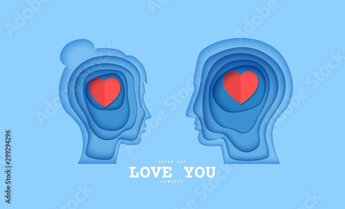 Woman and man brain head with love hearts in paper cut style. St Valentine day modern vector card concept. Silhouette of papercut layered couple people with think of love in brain.