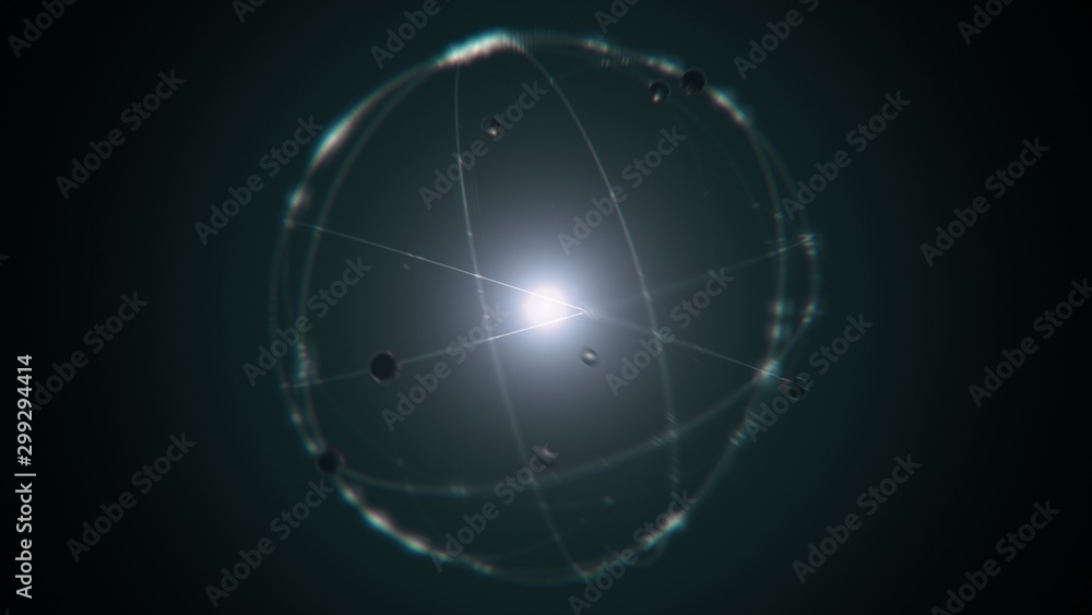 dynamic energetic green silver atom model concept illustration of glowing proton neutron nucleus, visualization of atom space physics of centric gravity and electrons orbiting as ordered real particle - obrazy, fototapety, plakaty 