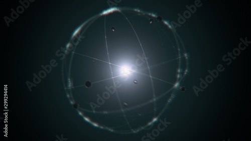 dynamic energetic green silver atom model concept illustration of glowing proton neutron nucleus, visualization of atom space physics of centric gravity and electrons orbiting as ordered real particle