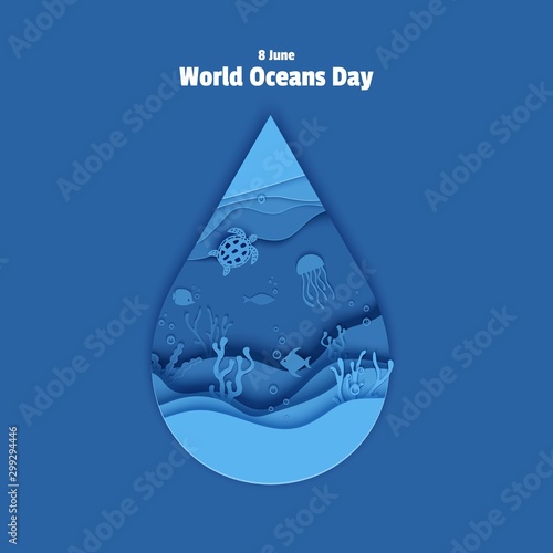 Paper cut drop form depth under water sea cave with fishes, coral reef, seabed in algae, waves. World Oceans Day 8 June. Diving concept, deep blue marine life. Vector sea wildlife.
